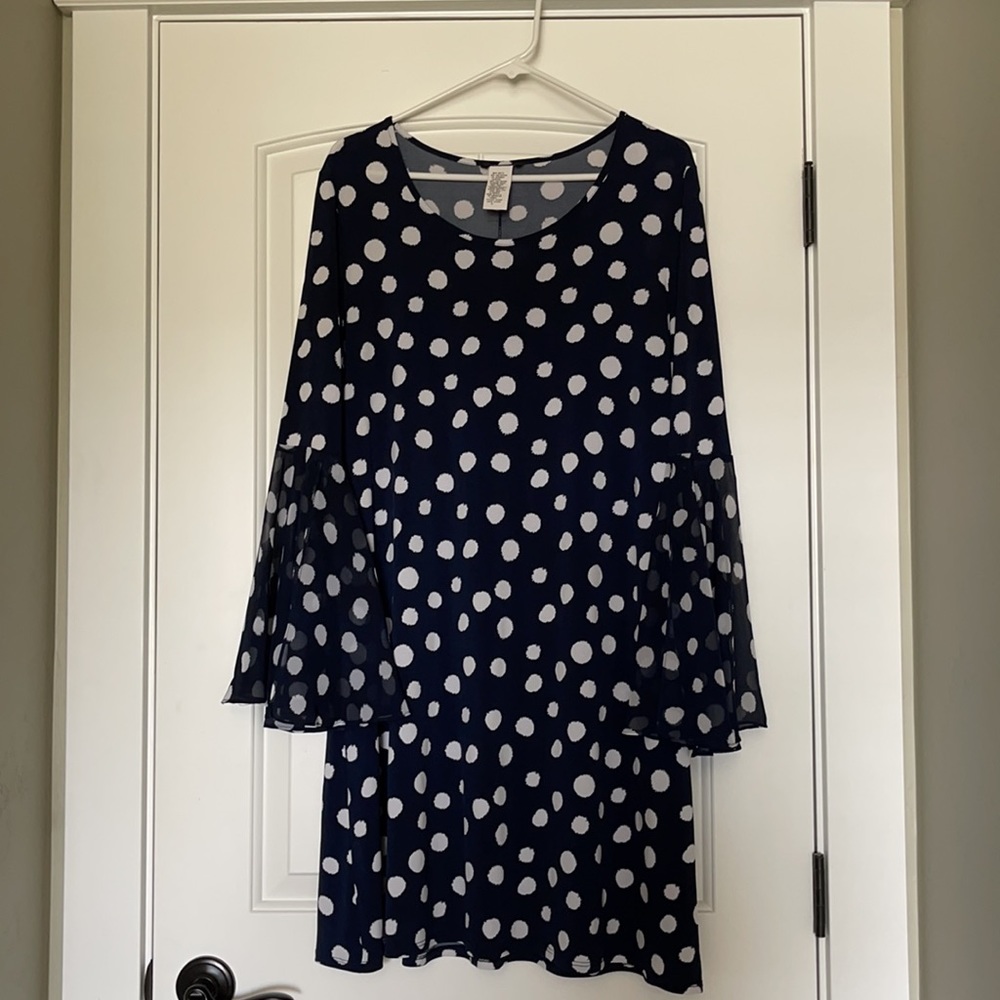 Navy and white polka dot bell-sleeve MSK dress